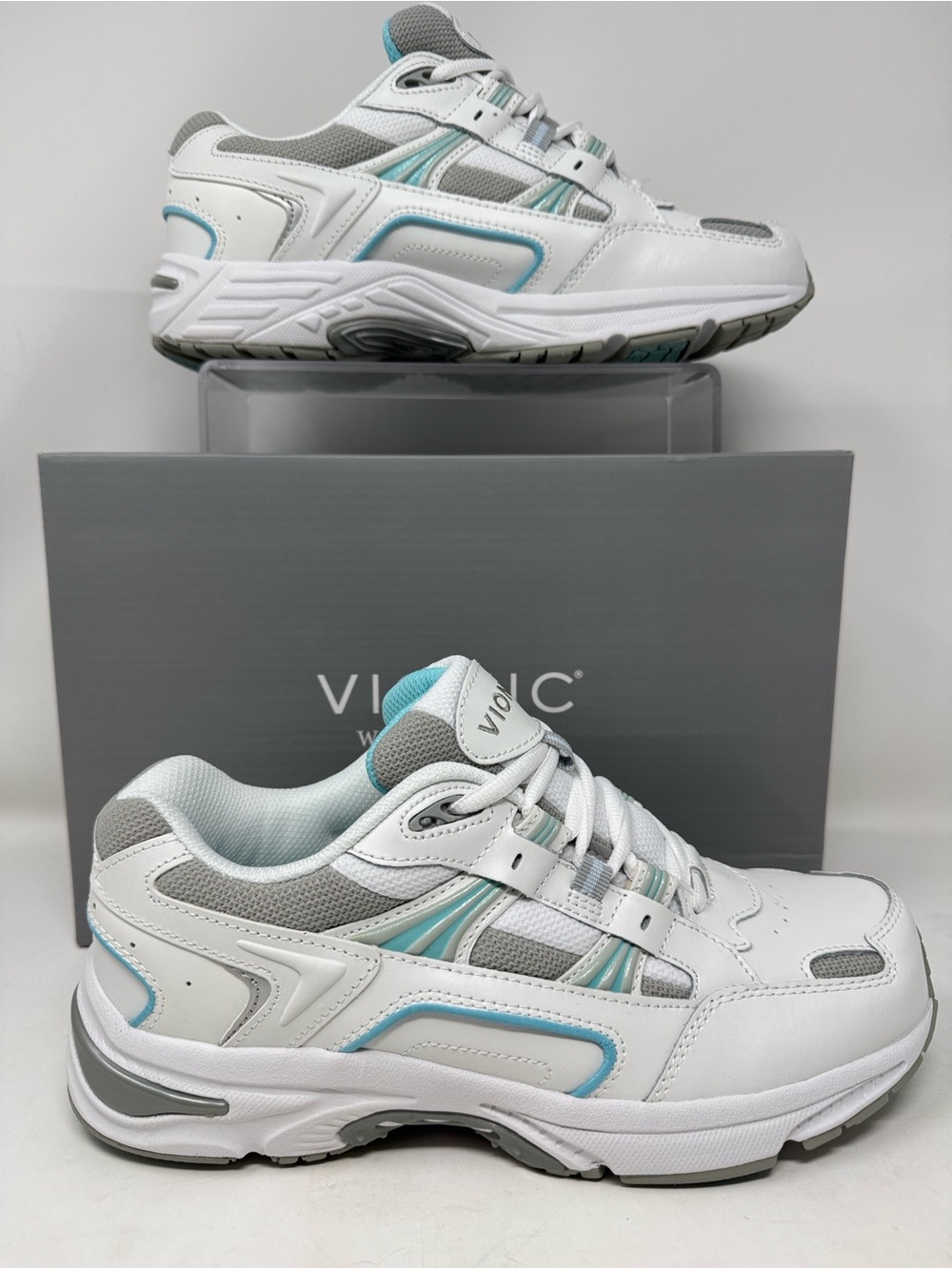 NWT Vionic 23Walk White/Teal/Gray Leather Orthotic Sneakers Size 8 Wide - Picture 2 of 10